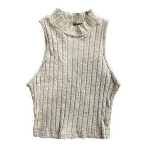 Ribbed Sleeveless Crop Top, Light Gray, Cotton, High Neck, Lightweight